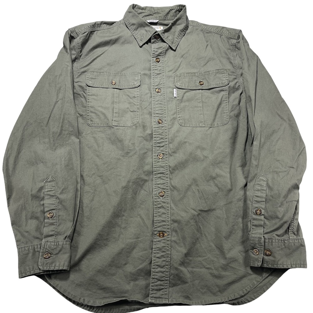 Carhartt Shirt Mens Large Green Stretch Twill Button Front Long Sleeve Workwear